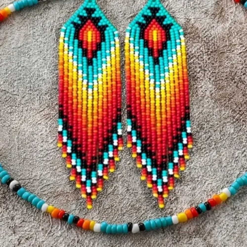 Native American Themed Beaded Earrings & Necklace Set